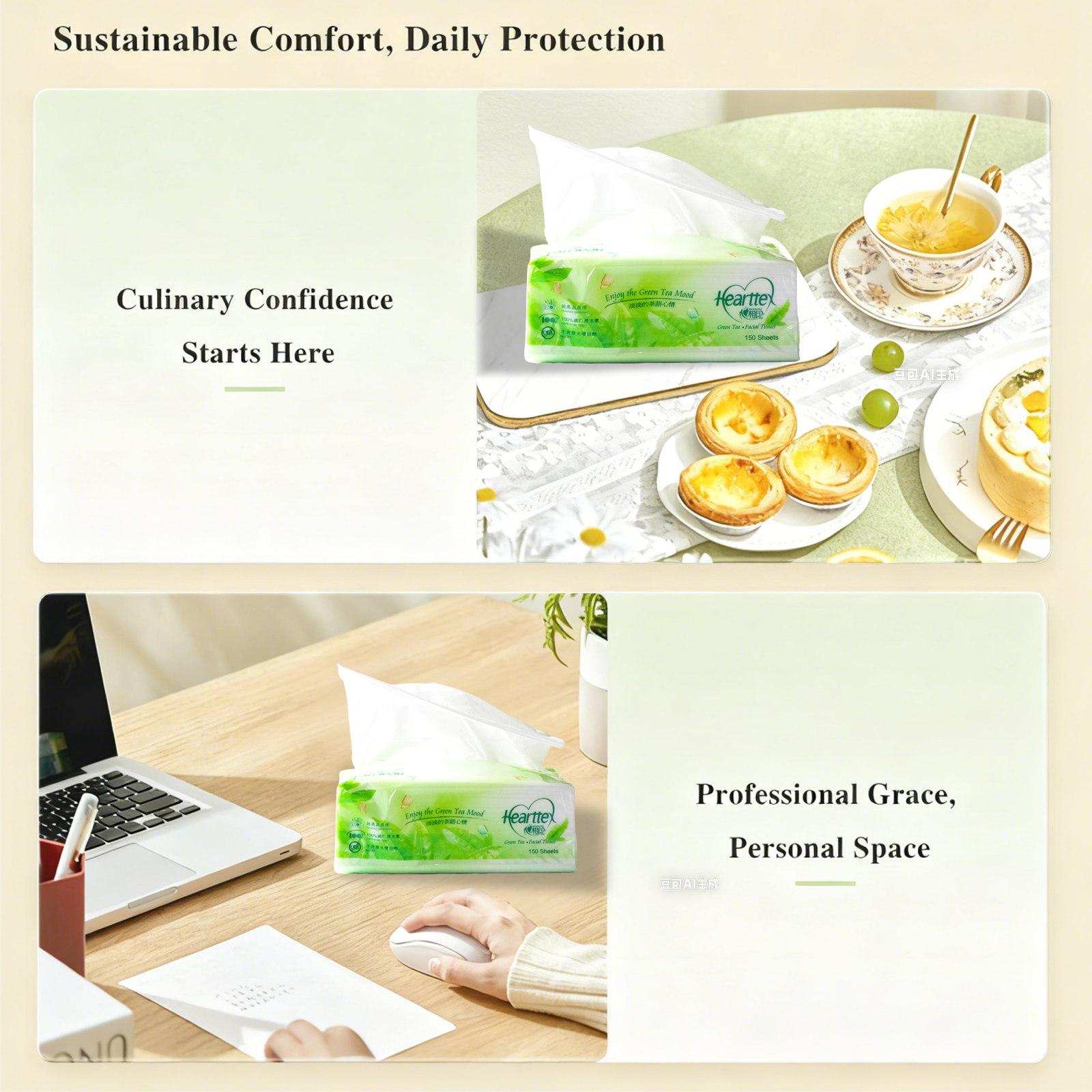 Hearttex Green tea series  Facial Tissues 150 sheets/pack 5 Packs/1 Bag