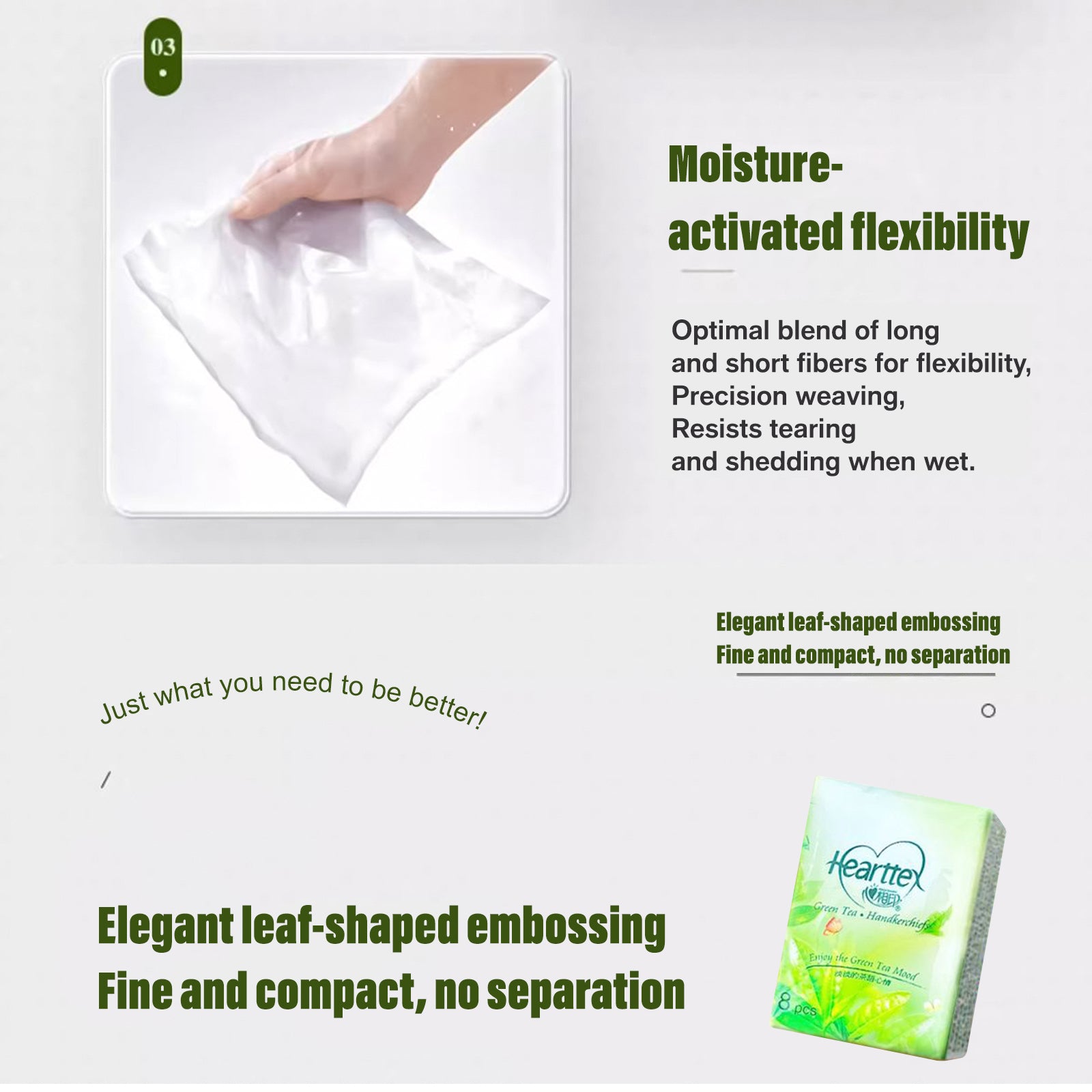 Hearttex Green tea pocket tissue 8 pack/a bag